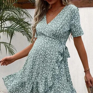 Blue Boho Womens Floral Print Knot Side Ruffle Trim Wrap Dress